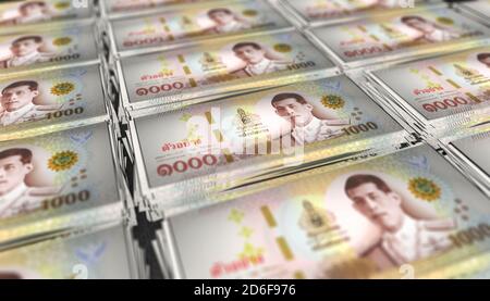 3D-Illustration von Thai Baht Bills stapelt Hintergrund Stockfoto