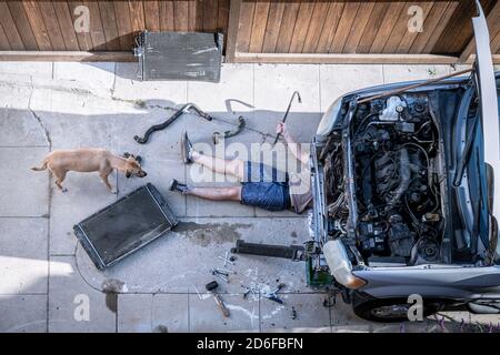 Blick von oben, die Beine des Mannes ragen heraus, das Auto wird repariert, der Hund in der Nähe Stockfoto