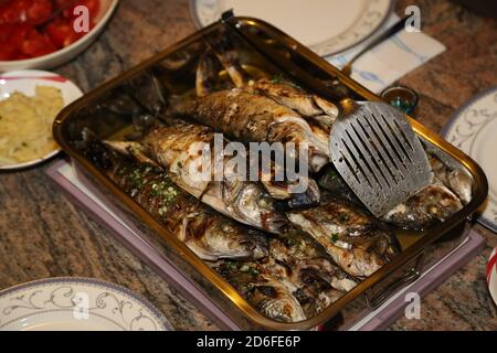 High-Angle-Shot von köstlich aussehenden Fisch Abendessen Stockfoto