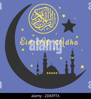 Muslimischer Feiertag Eid al-Adha. Fest des Opfers. Ostlampe, Halbmond und Stern mit Text auf orangefarbenem Hintergrund. Grafische Gestaltung Dekoration von Stock Vektor