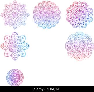 Eine Reihe von schönen Mandalas und Spitzen Kreise. Mandala-Vektor mit rundem Gradienten. Traditionelles orientalisches Ornament mit konzentrischem Gradienten. Element für Stock Vektor