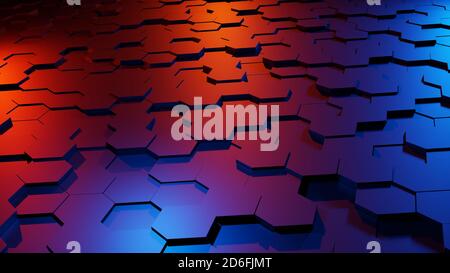 Abstrakte sechseckige 3D-Oberfläche mit roter und blauer Lichtreflexion Stockfoto