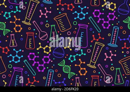 Chemie Wissenschaft nahtlose Muster. Kolben, Becher und Struktur chemische Atom. Doodle Laborausrüstung. DNA-Molekül, Erlenmeyerkolben, Destillieren, Röhrchen. Dunkler Hintergrund des Zellproteins Stock Vektor