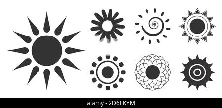 Schwarze Sonnensymbole gesetzt. Einfache Glyphe Silhouette Zeichen warmen Sommermorgen. Piktogramm mit Strahl, grafisches Symbol Wetter. Logo Design Vorlage für Meteorologie Web-App. Isoliert auf weißer Vektorgrafik Stock Vektor