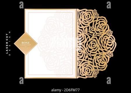 Rose Laserschnitt, minimalistisches florales lasergeschnittenes Goldpapier, Blumenschablone Design, florales Gold Einladung lasergeschnitten, Laserschneidvorlage für Karten Stock Vektor