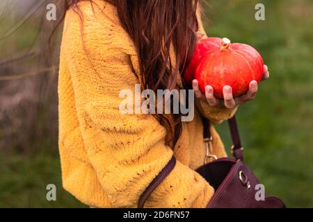 Auf dem Autumn Farm Market bying Mädchen Kürbisse vor Halloween. Stockfoto