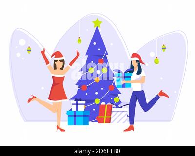 Weihnachtsfeiertage. Frauen geben Geschenke an Geschwister. Verschiedene Arten von Geschenken auf dem weihnachtsbaum. vektor-Illustration Stock Vektor