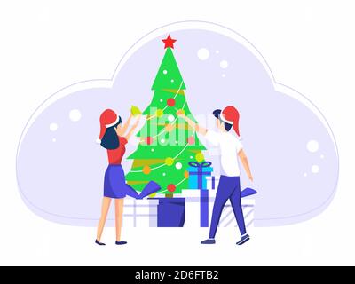Weihnachtsfeiertage. Männer und Frauen feiern Weihnachtsferien zusammen. Verschiedene Arten von Geschenken auf dem weihnachtsbaum. vektor-Illustration Stock Vektor