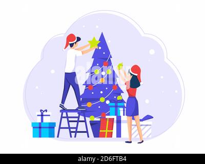 Die Crew-Mitarbeiter feiern die Weihnachtsfeiertage. Männer setzen Weihnachtsbaum Ornament Geschenke. Verschiedene Arten von Geschenken. vektor-Illustration Stock Vektor