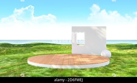 Leere Bühne Hintergrund Plattform im grünen Rasen mit Meerblick Hintergrund, 3d-Rendering Stockfoto