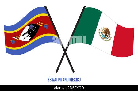 Eswatini und Mexiko Flaggen gekreuzt und winken Flat Style. Offizieller Anteil. Korrekte Farben. Stockfoto