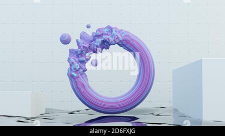 Schwimmende Torus mit Verformung in violetten Farben. Wasser und Wände Umwelt Set Design. 3d-Rendering Stockfoto