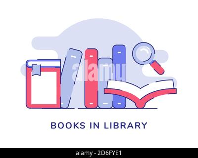 Buch in Bibliothek Stapel Lupe weiß isoliert Hintergrund mit flach Umrissstil Stock Vektor