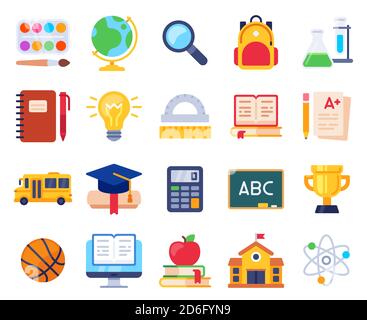Schulsymbole. Bildungsprozess Schüler Grundstudium, Schüler, Notiz, Bleistift und Buch. Computer, Lineal, Schule Gebäude Vektor-Set Stock Vektor