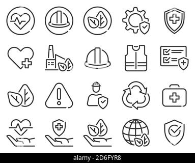 Symbole für die Arbeitsumgebung „Gesundheit“. Arbeitssicherheit präventiv, Krankenversicherung, Luftreinhaltung Schutz Warnung Gefahr, Vektor-Set Stock Vektor