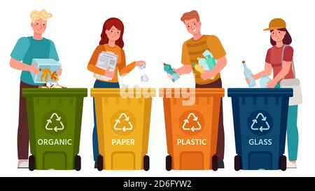 Leute, die Müll sortieren. Männer und Frauen trennen Abfall und werfen Müll in Recycling-Behälter. Ökologie Lifestyle Vektor Illustration Stock Vektor