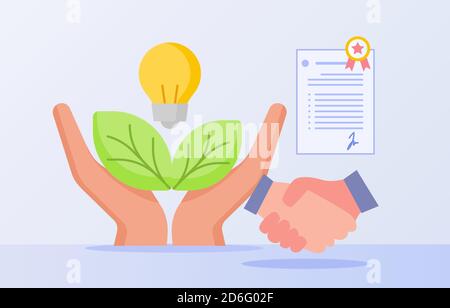 Naturschutz Abkommen Konzept Handschlag Hand halten grünes Blatt Licht Birne Buchstaben Vereinbarung weiß isoliert Hintergrund mit flachen Stil Stock Vektor