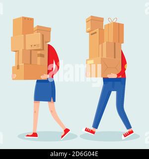 Leute, die Kisten tragen, stapeln sich. Cartoon Mann und Frau mit schweren Karton-Stapel. Familien-Paare tragen Pakete. Haus bewegt Vektor-Konzept Stock Vektor