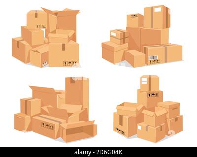 Kartonstapel. Großer Stapel der Lieferung braunen Pappkartons. Cartoon gestapelte Lagerpakete. Verpackung für den Umzug in neue Haus Vektor-Set Stock Vektor