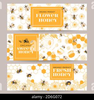 Honigbanner. Business fördern Flyer mit verschiedenen Imkereiprodukten, Waben und Honig in Gläsern, Bienenwachs, Bienen und Blumen, Vektor-Set Stock Vektor