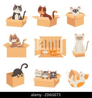 Katzen in Kisten. Niedliche Aufkleber mit Katze sitzen, schlafen und spielen in Karton. Lustige versteckte Kätzchen. Adoptieren obdachlosen Haustier, Vektor-Set Stock Vektor