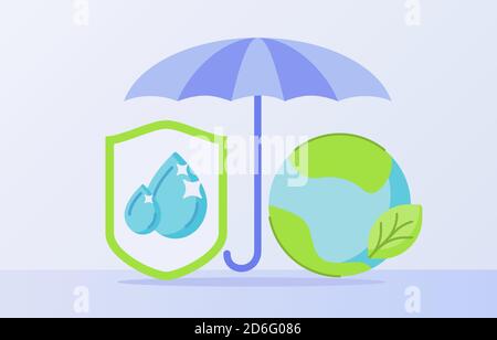 Naturschutz Konzept Regenschirm Erde grünes Blatt Tropfen Wasser in Shield weißen isolierten Hintergrund mit flachen Stil Stock Vektor