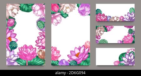 Lotus-Banner. Florale Zusammensetzung rosa Lotusblumen und grüne Blätter mit Schriftzug romantische Grußkarten, Hochzeit Einladung Vektor-Set Stock Vektor