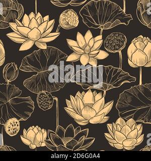 Skizze Lotus nahtloses Muster. Florale Zusammensetzung Seerose Blumen und Blätter, monochrome Lotusse für Produkte, Tapete Vektor Textur Stock Vektor