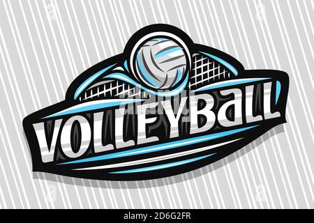 Vektor-Logo für Volleyball Sport, dunkles modernes Emblem mit Darstellung des fliegenden Balls im Tor, einzigartiger Schriftzug für graues Wort Volleyball, Sportschild Stock Vektor