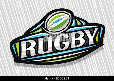 Vektor-Logo für Rugby Sport, dunkles modernes Emblem mit Darstellung der fliegenden Kugel im Tor, einzigartiger Schriftzug für graues Wort Rugby, Sportschild mit Dekor Stock Vektor