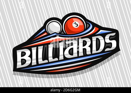 Vektor-Logo für Billard Sport, dunkel modernes Emblem mit Darstellung der fliegenden Kugel im Tor, einzigartige Beschriftung für graues Wort Billard, Sportschild wi Stock Vektor