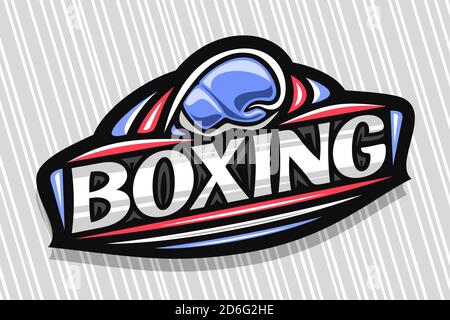 Vektor-Logo für Boxsport, dunkles modernes Emblem mit Darstellung des fliegenden Handschuhs im Tor, einzigartiger Schriftzug für graues Wortboxen, Sportschild mit de Stock Vektor