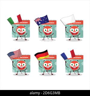 25. dezember Kalender Zeichentrickfigur bringen die Flaggen der verschiedenen Länder Stock Vektor