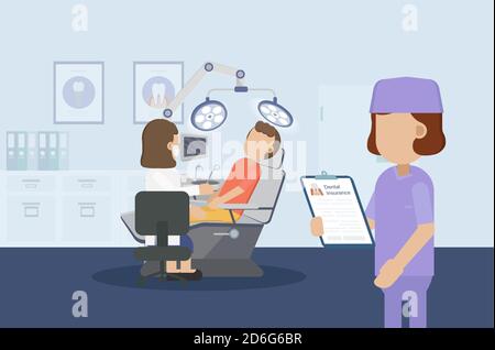 Zahnmedizinisches Versicherungskonzept mit Zahnarzt und Patient flach Design Vektor Abbildung Stock Vektor