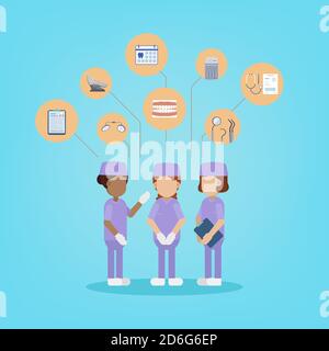 Zahnmedizinisches Servicekonzept mit Zahnarzthelfern und Icons flaches Design vektorgrafik Stock Vektor