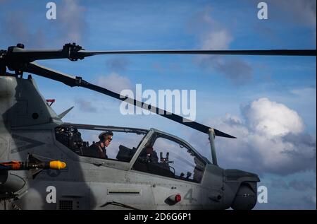 PHILIPPINISCHES MEER (Aug 24, 2020) EINE Marine mit Marine Medium Tiltrotor Squadron 262 (verstärkt), 31. Marine Expeditionary Unit (MEU), sitzt im Cockpit eines AH-1Z Cobra Hubschraubers an Bord der USS New Orleans (LPD 18). New Orleans, Teil der America Amphibious Ready Group (ARG), 31. MEU-Team, ist im Einsatzgebiet der 7. US-Flotte tätig, um die Interoperabilität mit Verbündeten und Partnern zu verbessern und als einsatzbereite Einsatztruppe für Frieden und Stabilität in der Indo-Pazifik-Region zu dienen. Das America ARG, 31. MEU-Team bleibt die wichtigste Krisenreaktionskraft in der Region trotz der einzigartigen Stockfoto