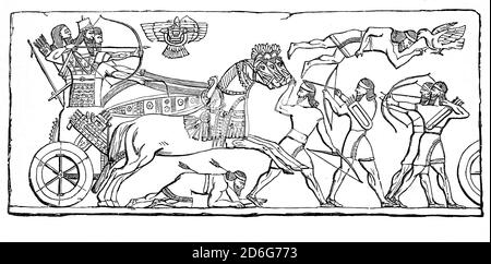 Eine Illustration einer assyrischen Skulptur aus dem späten 19. Jahrhundert, die den König im Krieg darstellt und verherrlicht. Die alten assyrischen Staaten, vor allem das neo-assyrische Reich von 911 bis 612 v. Chr., regierten den modernen Irak, Syrien und einen Großteil des Iran. Stockfoto