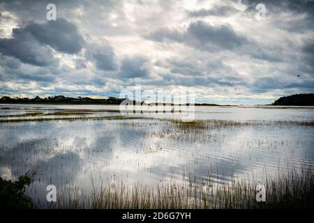 Wolken spiegeln sich im Wasser eines Gezeitensalzsumpfs kurz nach einem Regensturm im Herbst wider. Stockfoto