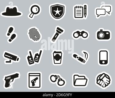 Detective oder Private Eye Icons Schwarz & Weiß Sticker Set Groß Stock Vektor