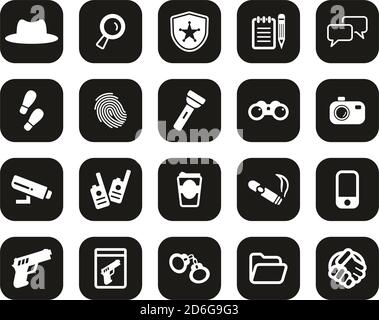 Detective Oder Private Eye Icons Weiß Auf Schwarz Flat Design Groß Einstellen Stock Vektor