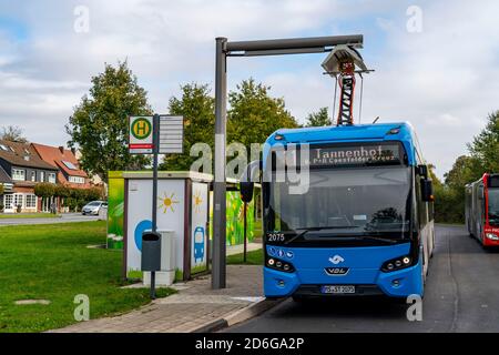 Elektrobus der Stadtwerke Münster, an einer Schnellladestation, Bushaltestelle, Buskraftstelle Dieckmannstraße in Münster Gievenbeck, 16 E-Busse Strom Stockfoto