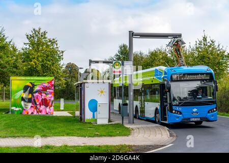 Elektrobus der Stadtwerke Münster, an einer Schnellladestation, Bushaltestelle, Buskraftstelle Dieckmannstraße in Münster Gievenbeck, 16 E-Busse Strom Stockfoto