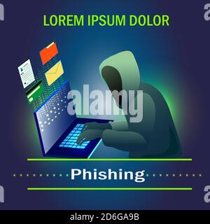 Phishing. Hacking-Konto und Passwort. Konto Daten Phishing mit Cyber-Dieb verstecken sich hinter Laptop-Computer. Hacking-Konzept. Stock Vektor