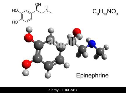 Chemische Formel, Strukturformel und 3D-Ball-and-Stick-Modell eines Hormons und Neurotransmitters Adrenalin (Adrenalin), weißer Hintergrund Stockfoto