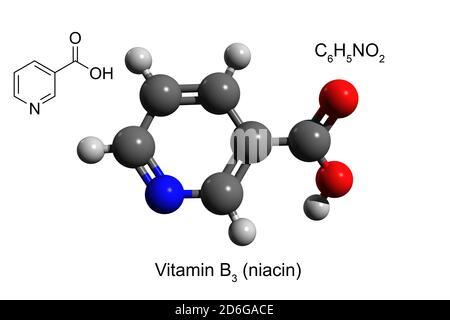 Chemische Formel, Strukturformel und 3D-Ball-and-Stick-Modell von Vitamin B3 (Niacin), weißer Hintergrund Stockfoto