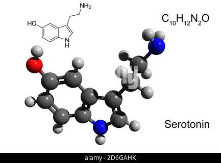 Chemische Formel, Strukturformel und 3D-Ball-and-Stick-Modell eines Neurotransmitters Serotonin, weißer Hintergrund Stockfoto