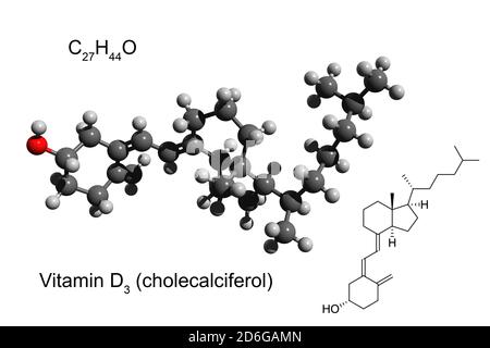 Chemische Formel, Strukturformel und 3D-Ball-and-Stick-Modell von Vitamin D3 (Cholecalciferol), weißer Hintergrund Stockfoto
