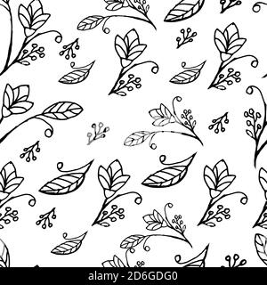 Nahtloses Muster. Schwarz und Weiß. Blumen auf weißem Hintergrund. Dünne Linien. Blätter und Knospen. Stock Vektor