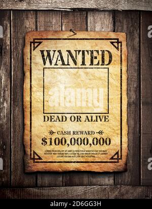 Wollte Poster auf Holzwand Hintergrund getackert Stockfoto