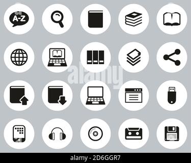 Wörterbuch oder Glossar Symbole Schwarz & Weiß Flat Design Kreis Groß Einstellen Stock Vektor